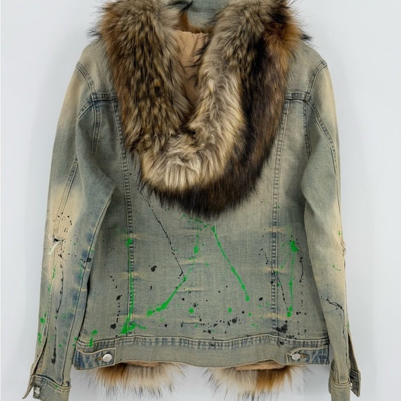 Rockstar Original Fur Trim Denim Paint Splatter Hooded Jean Jacket L - Picture 14 of 16